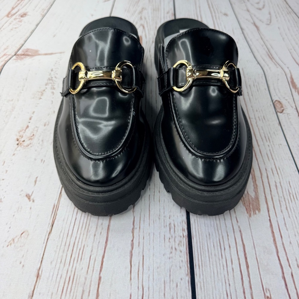 Steve Madden Black Horsebit Lug Sole Mule Loafers Womens 7.5 Slip On Shoes